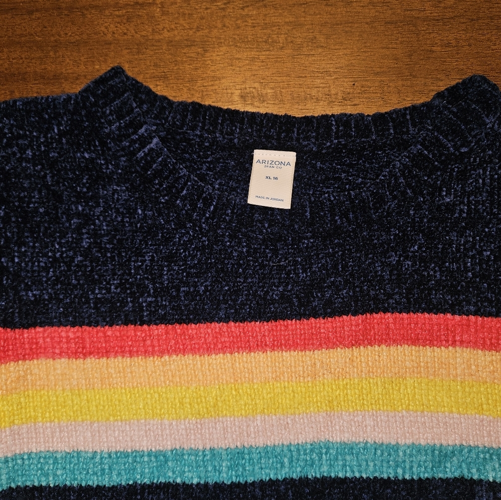 Arizona Jean Co. Navy sweater with rainbow stripes size XL 16 - Picture 3 of 3